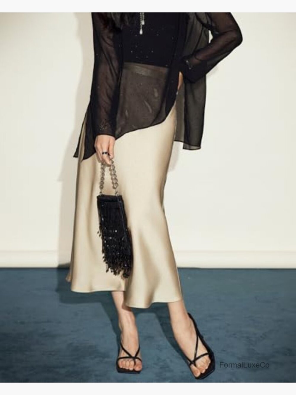 High Waist Flowy A-Line Midi Skirt, Satin, Pull On, Lightweight - Picture 2 of 7